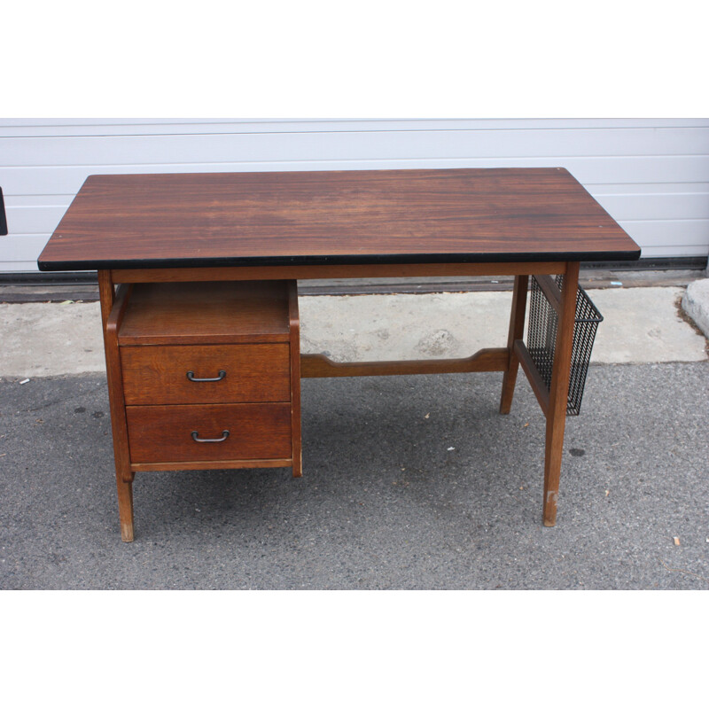 Vintage french desk made of oak and metal 1950