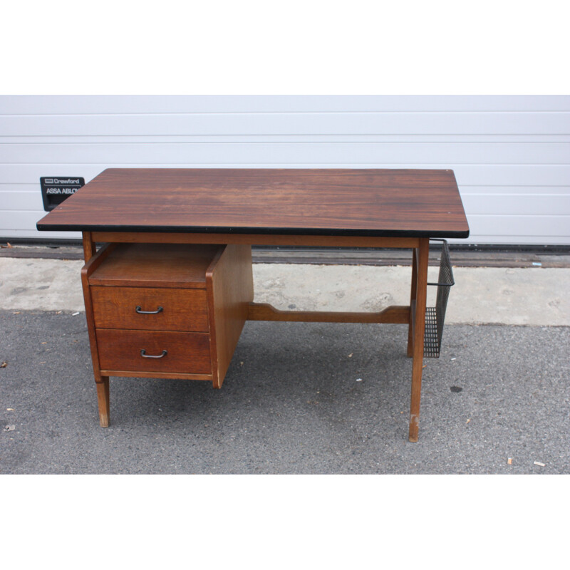 Vintage french desk made of oak and metal 1950