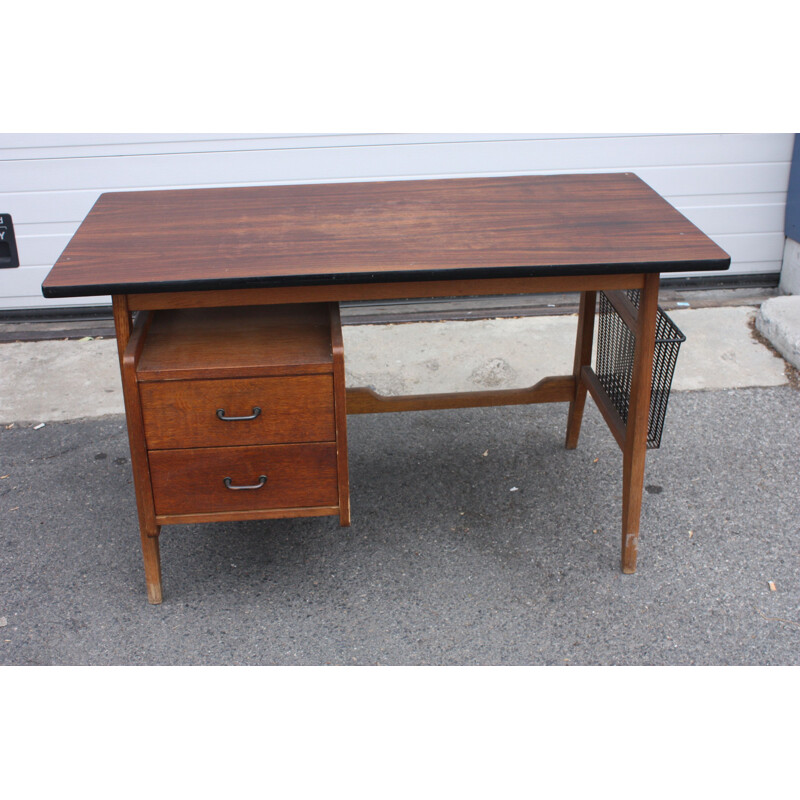 Bureau vintage français en chêne et métal 1950