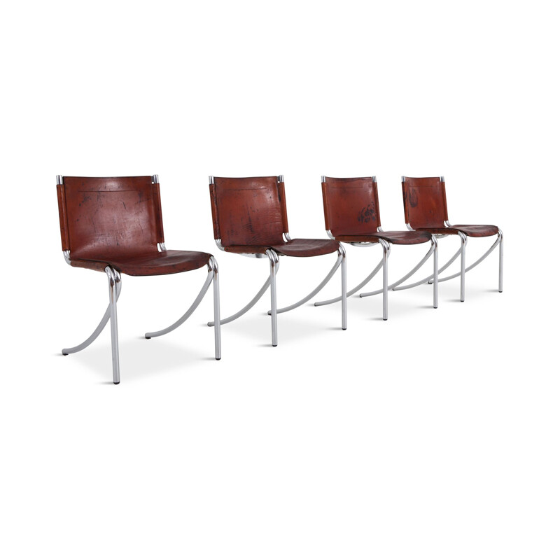 Set of 4 vintage chairs "Jot" in red leather by Giotto Stoppino for Acerbis
