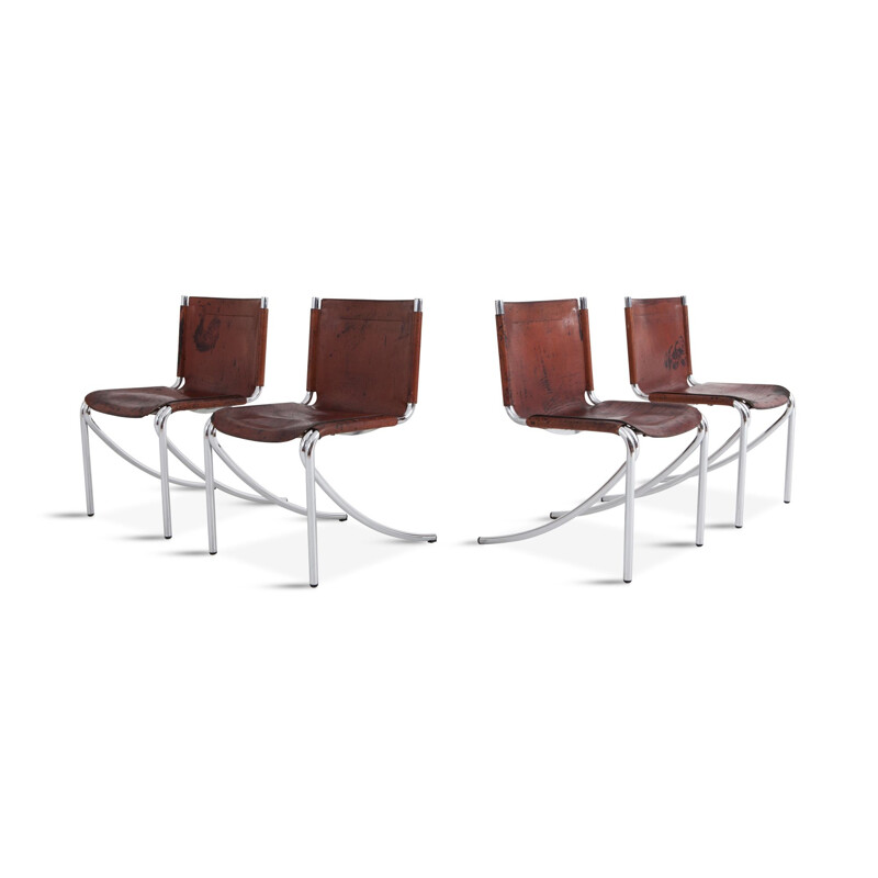 Set of 4 vintage chairs "Jot" in red leather by Giotto Stoppino for Acerbis