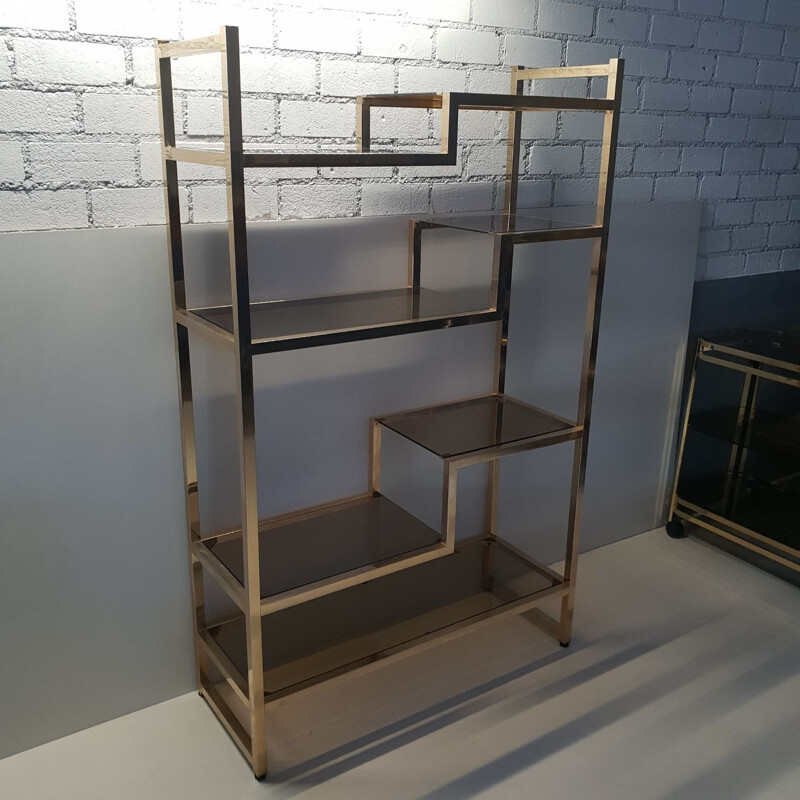 Vintage Italian bookcase in brass and smoked glass