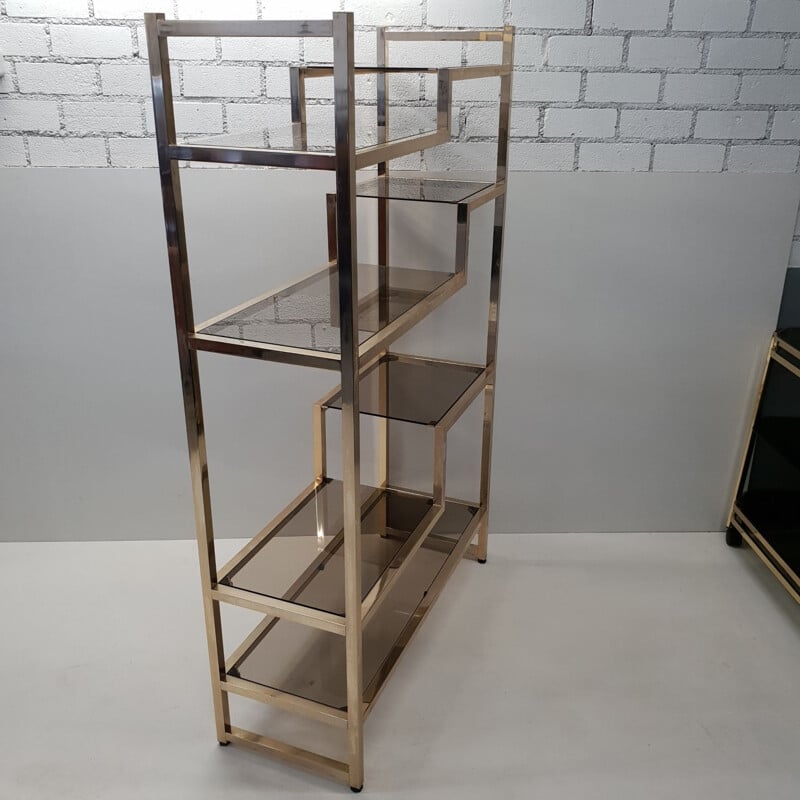 Vintage Italian bookcase in brass and smoked glass