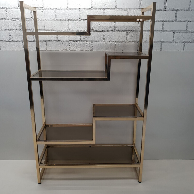 Vintage Italian bookcase in brass and smoked glass