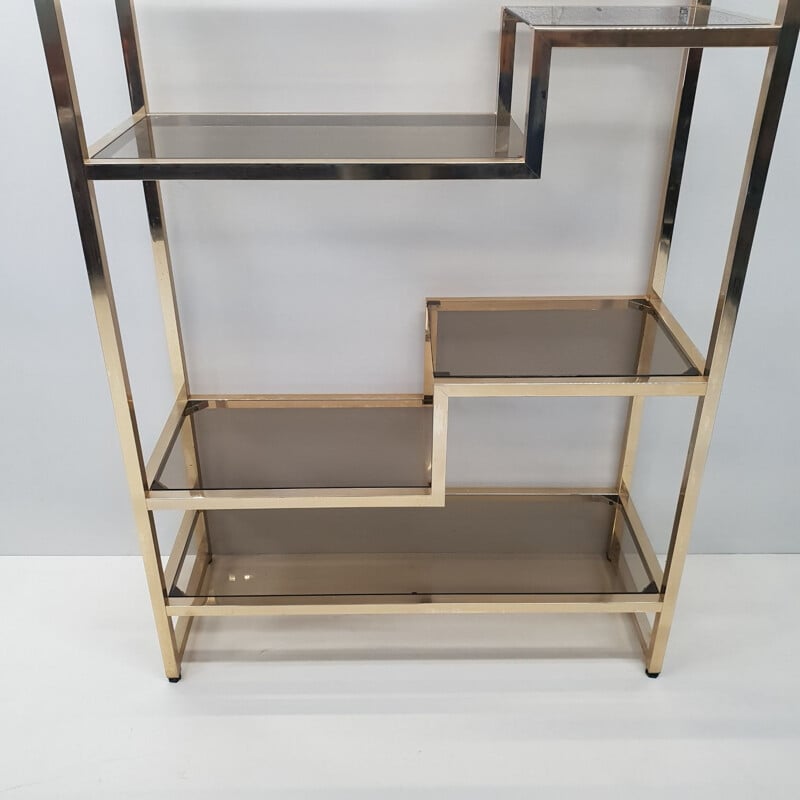 Vintage Italian bookcase in brass and smoked glass