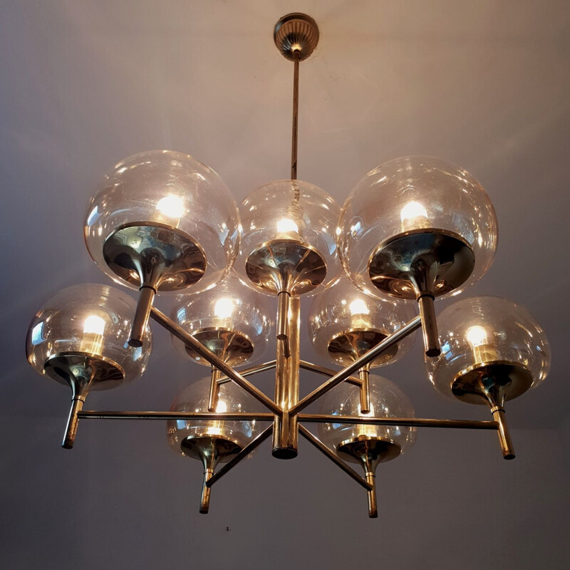 Vintage German chandelier in brass and smoked glass