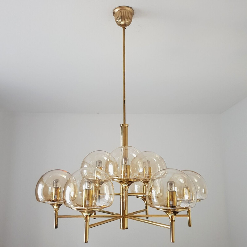 Vintage German chandelier in brass and smoked glass