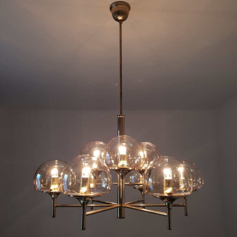 Vintage German chandelier in brass and smoked glass