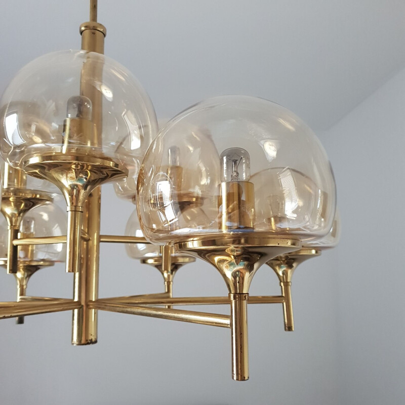 Vintage German chandelier in brass and smoked glass