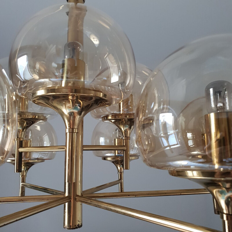 Vintage German chandelier in brass and smoked glass