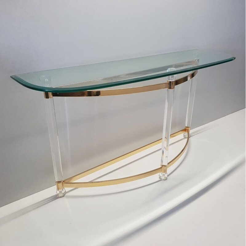 Table console vintage français en verre et lucite