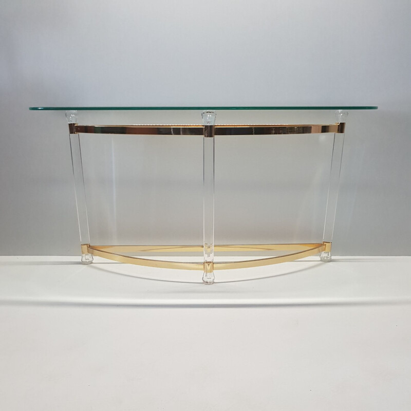 Table console vintage français en verre et lucite