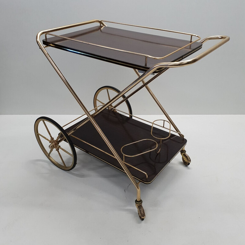 Vintage French serving cart in brass and mahogany