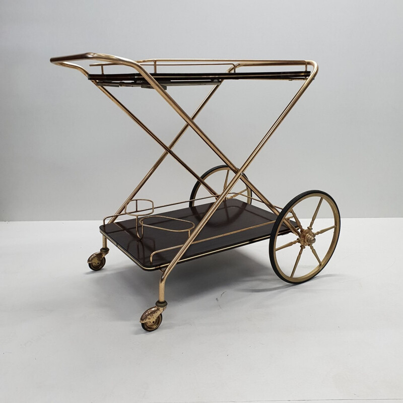 Vintage French serving cart in brass and mahogany