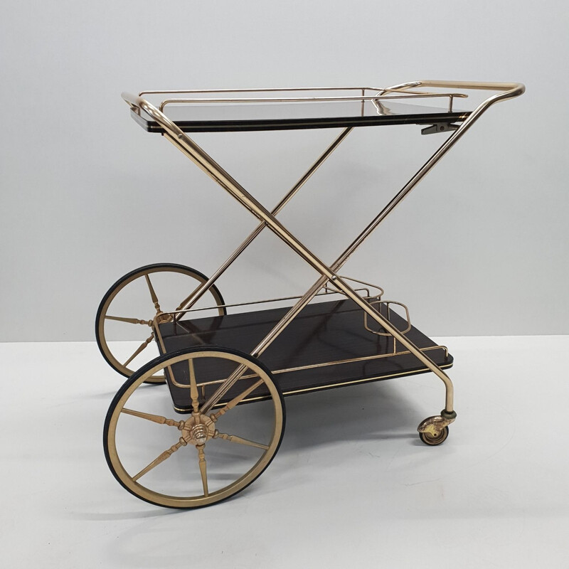 Vintage French serving cart in brass and mahogany