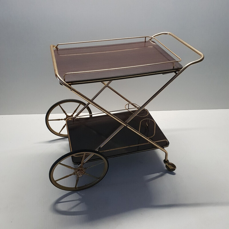 Vintage French serving cart in brass and mahogany