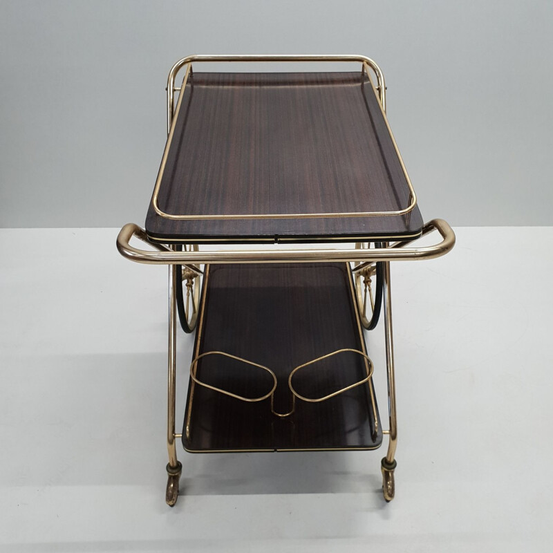 Vintage French serving cart in brass and mahogany