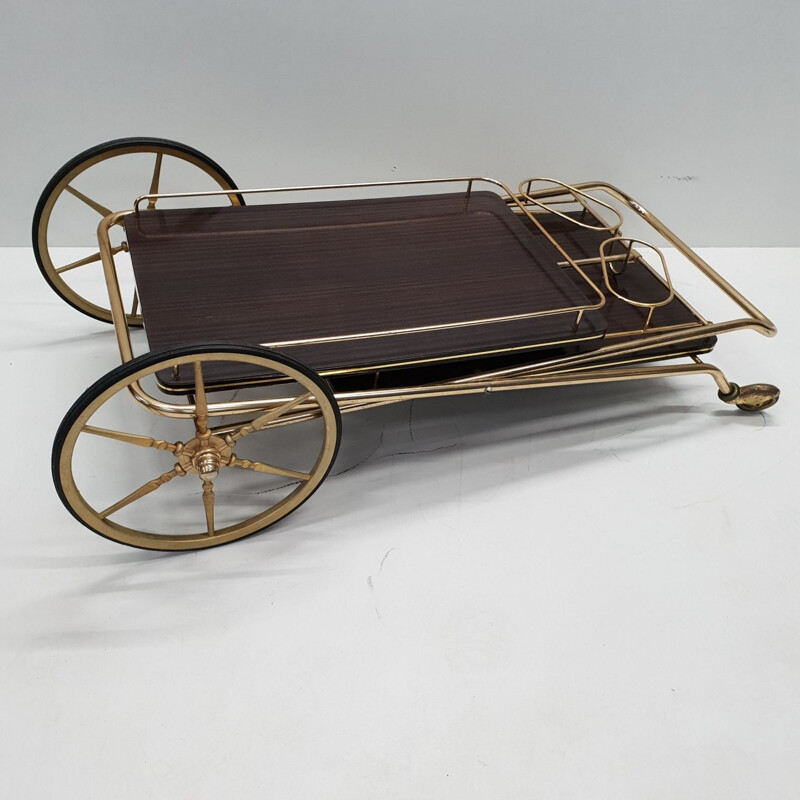 Vintage French serving cart in brass and mahogany