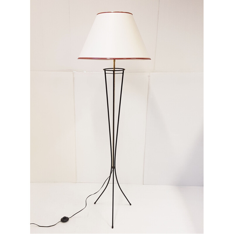 Lampadaire vintage français en acier et laiton 1950