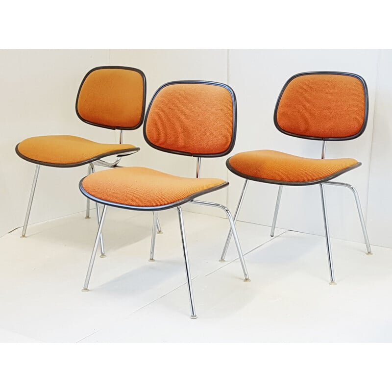 Set of 3 vintage orange Herman Miller Eames DCM chairs 1970