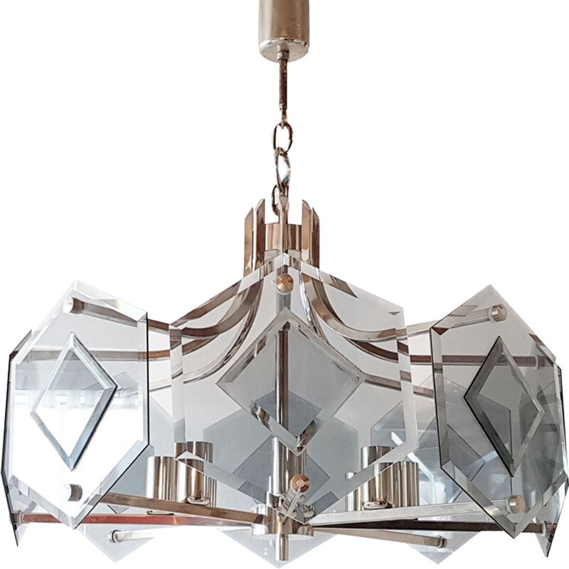 Vintage glass and steel chandelier by Sische, 1980