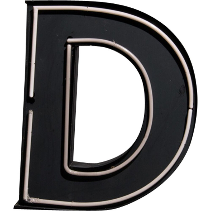 Vintage XL advertising letter D with neon lighting in metal and glass