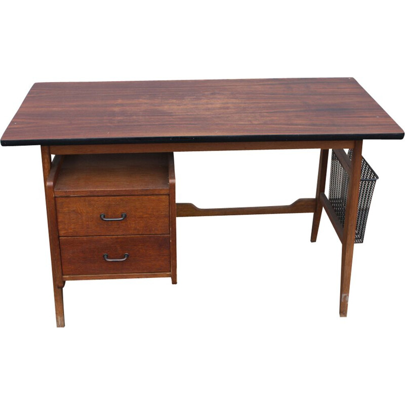 Vintage french desk made of oak and metal 1950