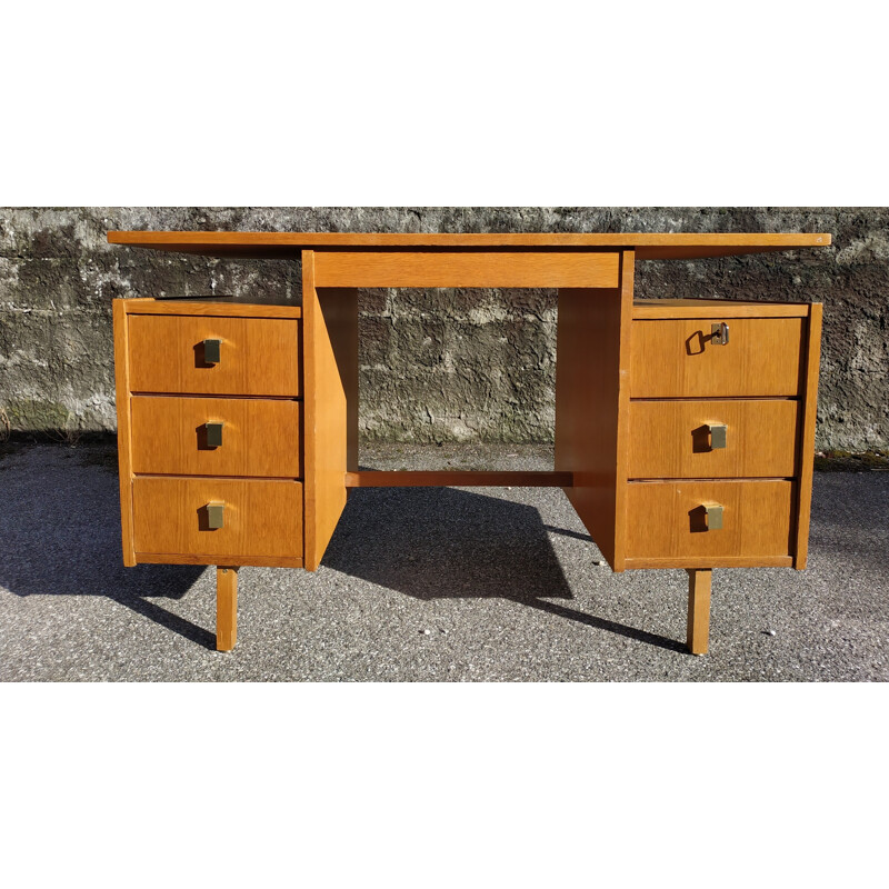 Vintage wooden desk with gold metal handles 1970