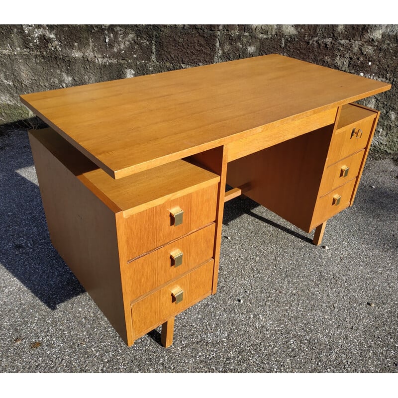 Vintage wooden desk with gold metal handles 1970