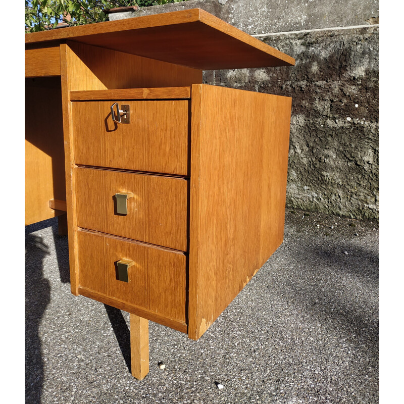 Vintage wooden desk with gold metal handles 1970