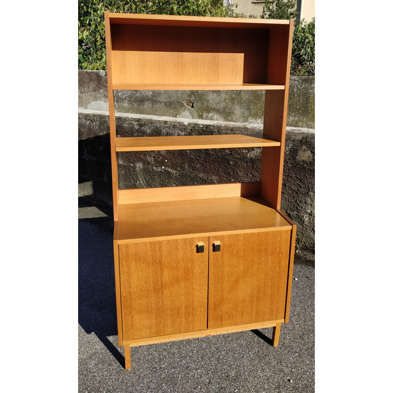 Vintage wooden library with shelves 1970