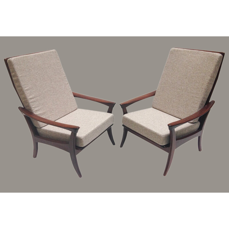 Scandinavian pair of armchair in teak and fabric - 1960s