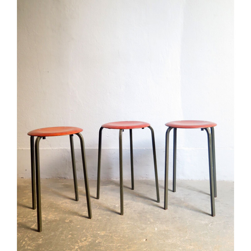 Set of 3 vintage plywood and grey metal base stools 1970