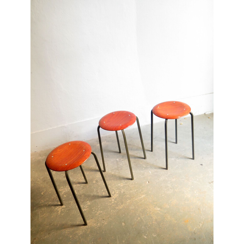 Set of 3 vintage plywood and grey metal base stools 1970