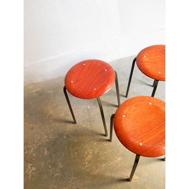 Set of 3 vintage plywood and grey metal base stools 1970