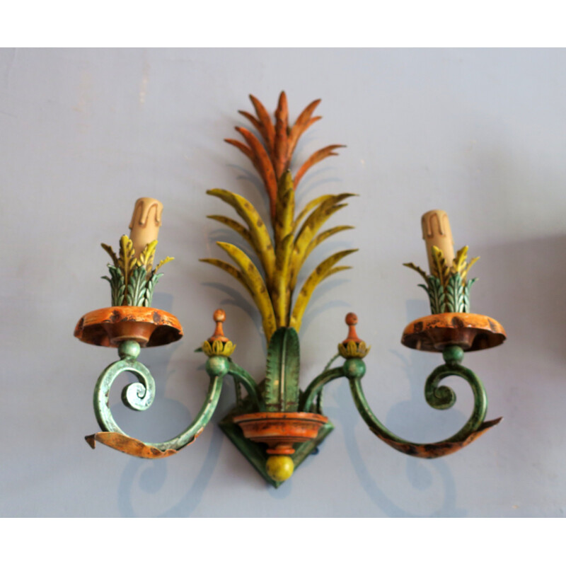Pair of vintage mid century italian sconces in iron and wood