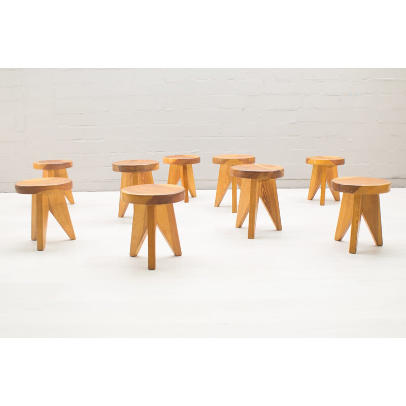 Set of 9 vintage 3 legged wooden stools from 1960s