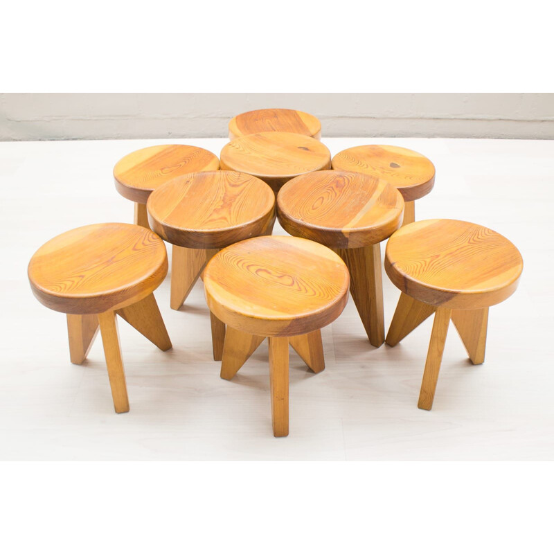 Set of 9 vintage 3 legged wooden stools from 1960s