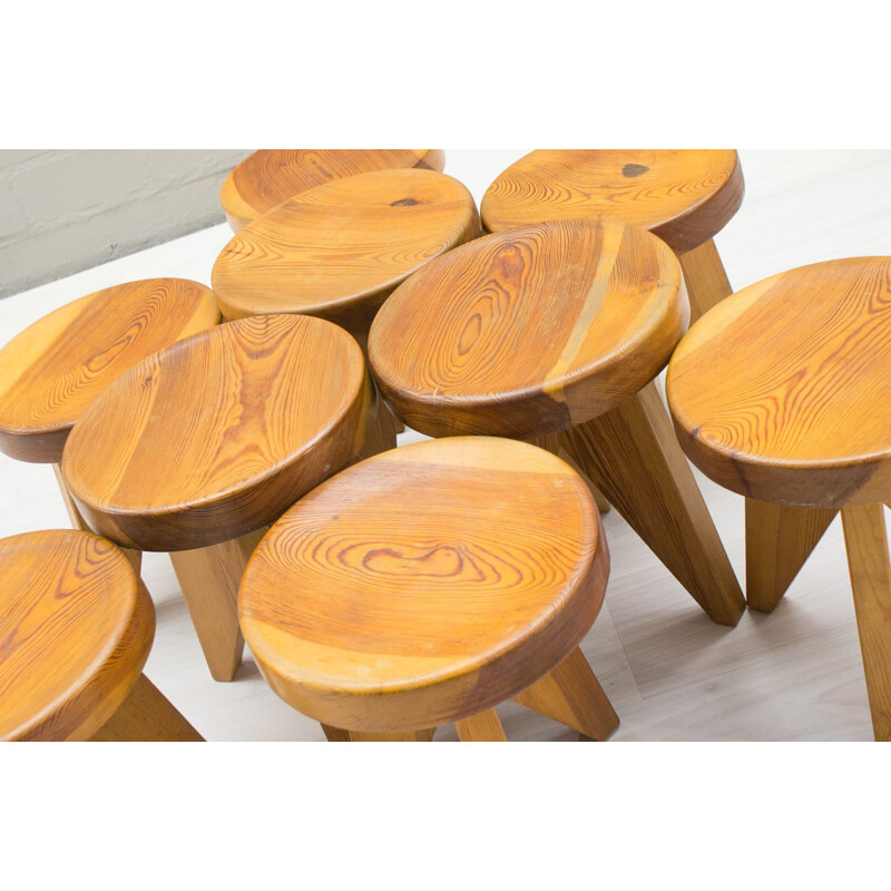 Set of 9 vintage 3 legged wooden stools from 1960s