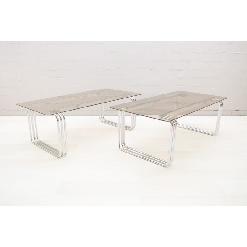 Pair of vintage coffee tables in chrome, glass and metal