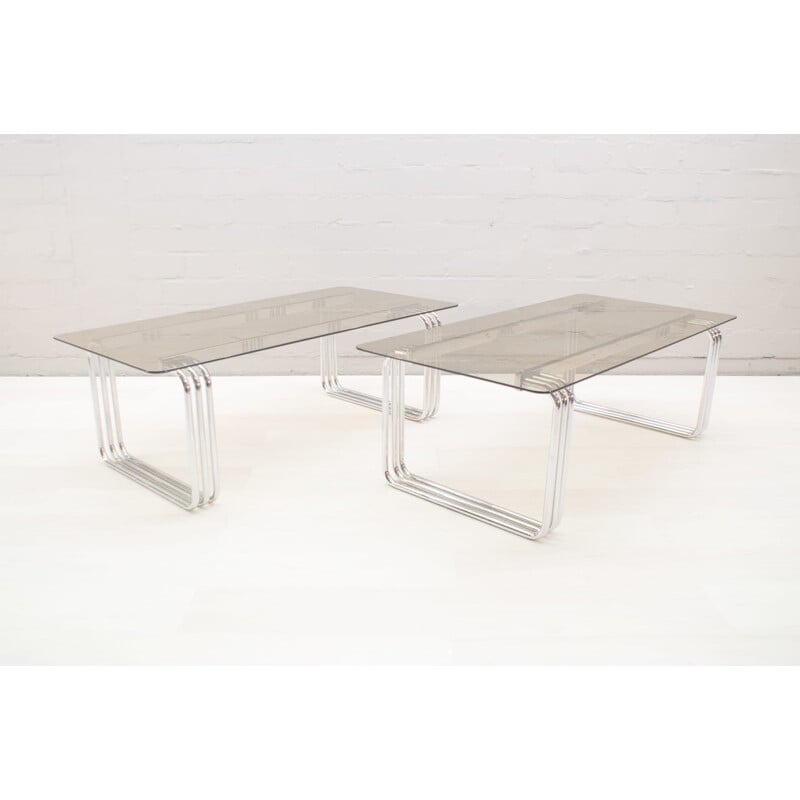 Paire de tables basses vintage en chrome, verre et métal