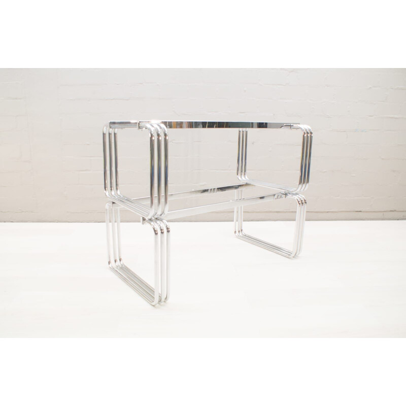 Pair of vintage coffee tables in chrome, glass and metal