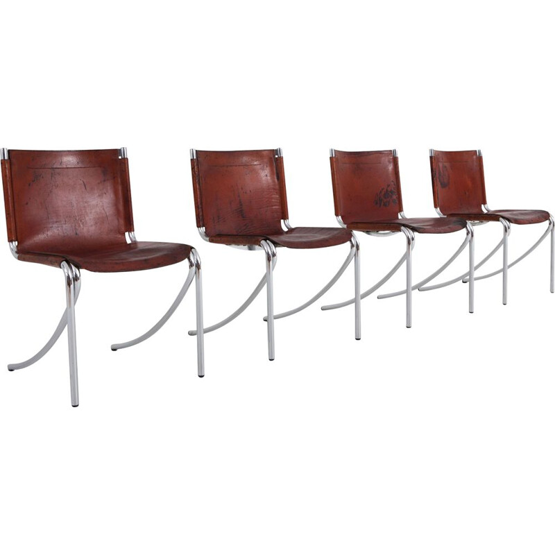 Suite de 4 chaises vintage "Jot" en cuir rouge par Giotto Stoppino pour Acerbis