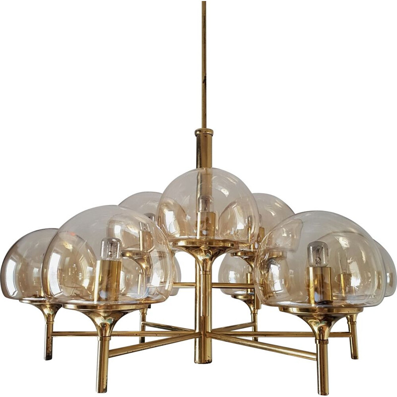Vintage German chandelier in brass and smoked glass
