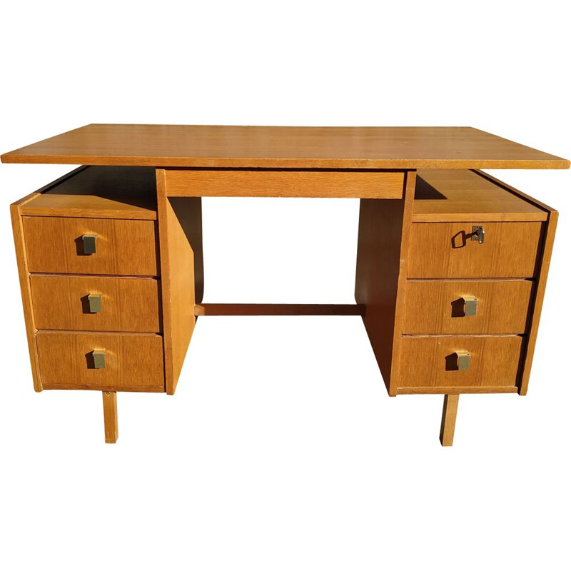 Vintage wooden desk with gold metal handles 1970