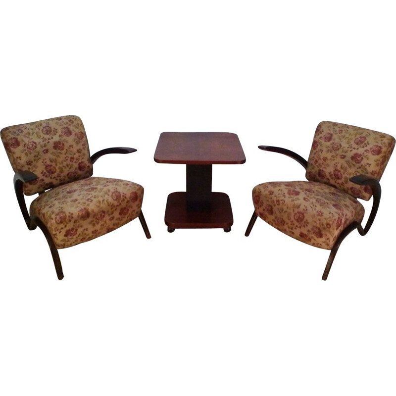 Pair of vintage walnut armchairs and coffee table H-275 by Jindrich Halabala, 1930