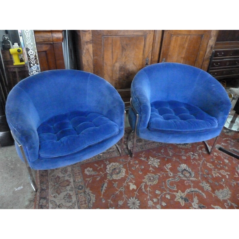 Pair of armchairs in blue velvet and steel, edition Bernhardt - 1980s