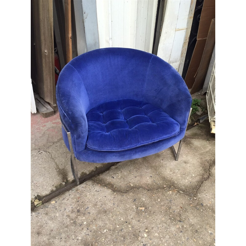 Pair of armchairs in blue velvet and steel, edition Bernhardt - 1980s