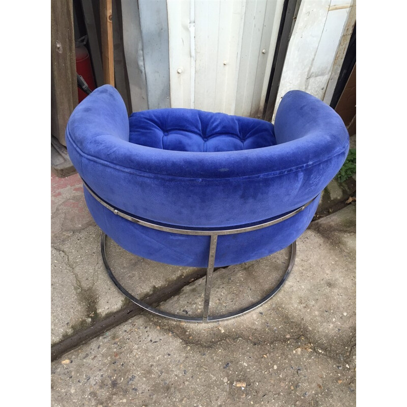 Pair of armchairs in blue velvet and steel, edition Bernhardt - 1980s