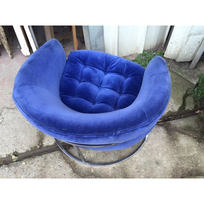 Pair of armchairs in blue velvet and steel, edition Bernhardt - 1980s